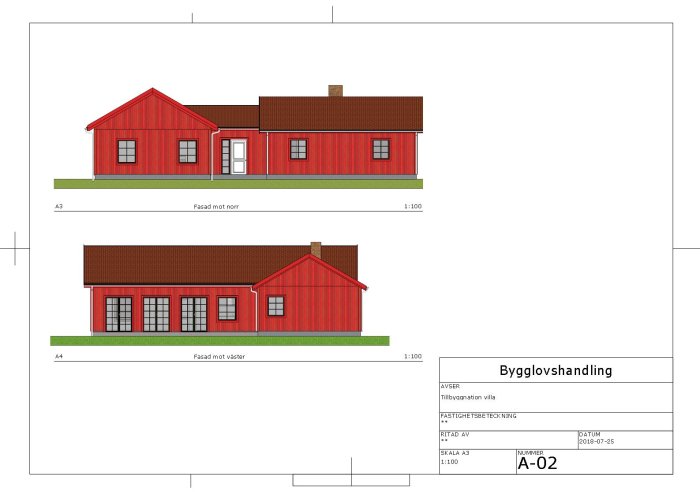 Bygglovshandling med ritningar av en villas norra och västra fasad, rödmålad med vita fönster.