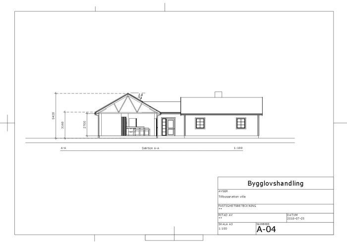 Arkitektritning av en villa i sektion med måttangivelser, markerat som en bygglovshandling.