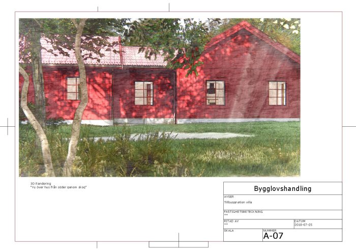 3D-rendering av rött hus med vita fönsterkarmar, omgivet av grönskande träd och gräs, bygglovshandling.