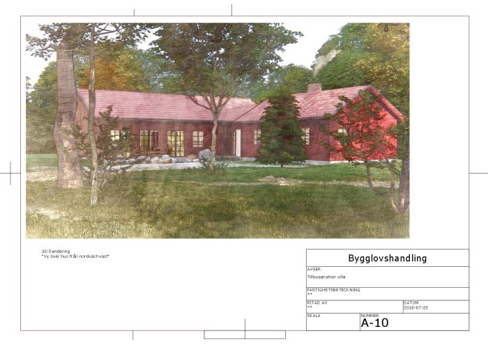 3D-rendering av en röd villa i lantlig miljö sett från nordväst, som en del av en bygglovshandling.