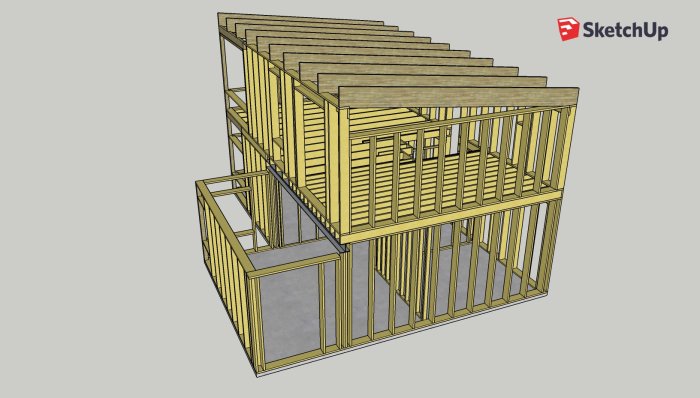 3D-modell av en byggnadsstomme och takbalkar ritad i SketchUp.