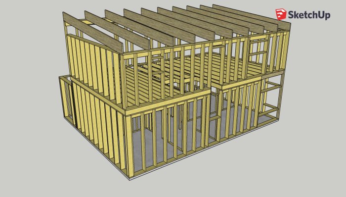 3D-modell i SketchUp som visar stommen och takbalkarna till en byggnad.