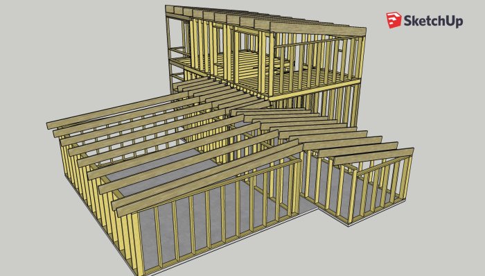 3D-modell av en trästomme och takbalkar designad i SketchUp för byggplanering.