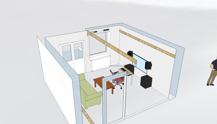 3D-skisse av musikkstudio med sofagruppe, skrivebord, høyttalere og opphengte bjelker for lydisolasjon, fokus på ventilasjonsområde.