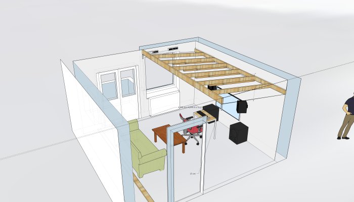 3D-modell av et rom som skal omgjøres til musikkstudio, viser bjelker for stenulltak, møbler og ventilasjon på veggen.