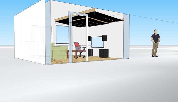 3D-modell av et rom med musikkutstyr, inkludert skrivebord, stoler og høyttalere. En person står utenfor rommet.