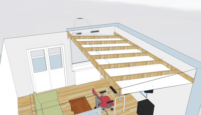 3D-modell av et rom med en ramme av treverk i taket, der ventilasjonsåpninger er synlige på veggen over konsoller. En rød stol og bord under.