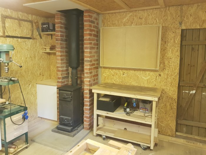 Snickeribod med kamin, snickarbänk, verktyg och nybyggt grunt skåp med skjutluckor samt en vedlår.