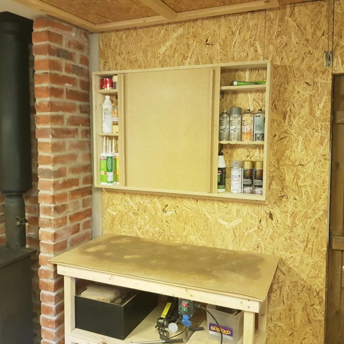 Nysnickrat grunt skåp med skjutluckor monterat på vägg av OSB-panel, bredvid murad skorsten.