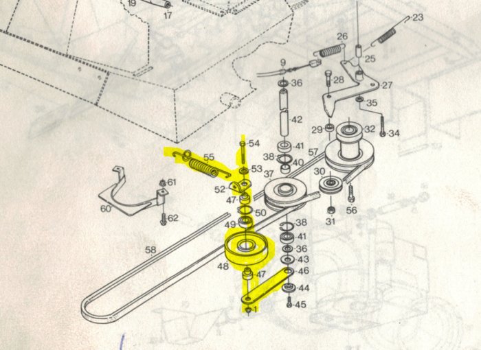 Exploded-view illustration av fordonets framhjulsupphängning med markerad spännfjäder.