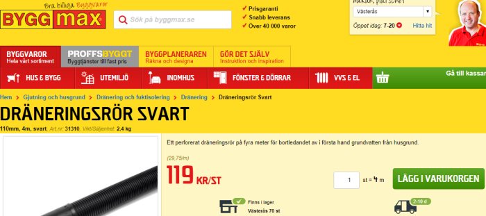 Skärmdump av Byggmax hemsida med dräneringsrör listat till 119 kr/st.