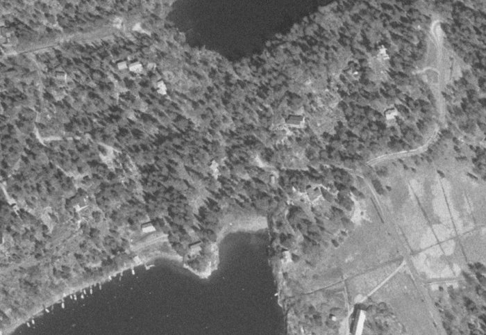 Svartvit flygbild över skog och sjö kanten med synliga byggnader från 1958.