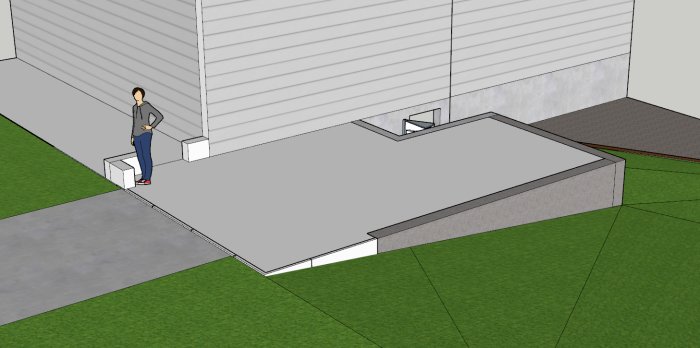 3D-ritning av tilltänkt byggprojekt med garage, stödmur och källarnedgång, person stående för skala.