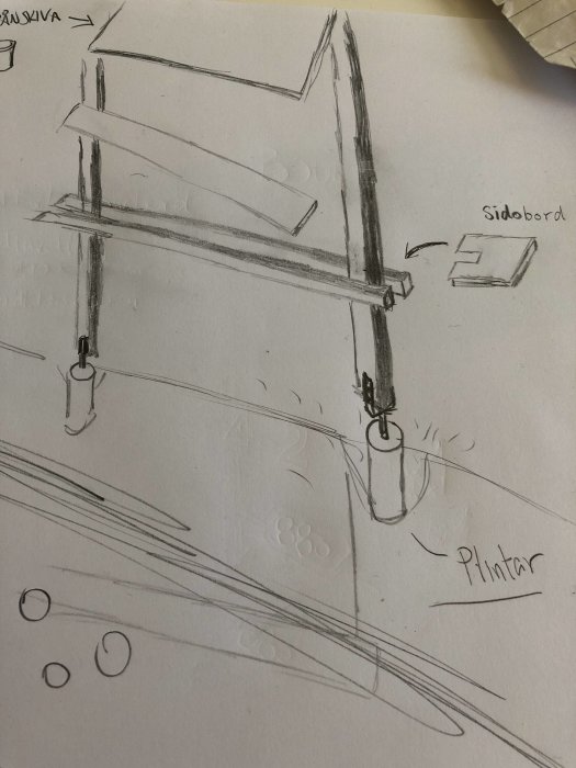 Skiss av byggprojekt med markerade plintar och sidobord samt måttangivelser.