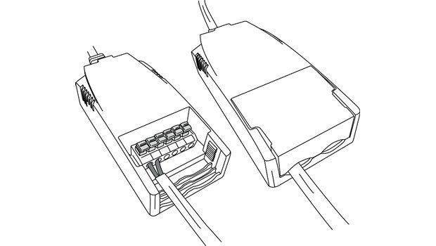 Line drawing of Hidealite Comfort Quick connectors with open lid showing internal wiring.