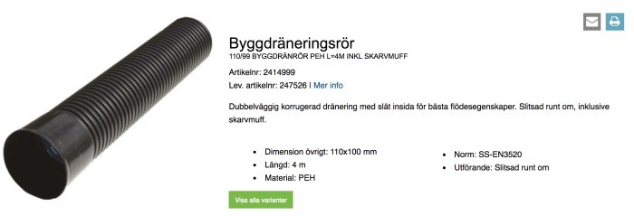 Svart dubbelsidigt byggdräneringsrör med slät insida och skarvmuff.