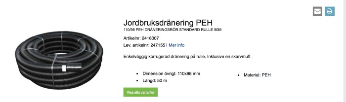 Svart enkelväggigt korregerat jordbruksdräneringsrör i PEH-material som är rullat till en spole.