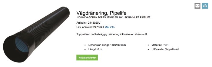 Svart dubbelväggigt toppslitsat dräneringsrör från Pipelife, 6 meter långt med dimensioner 110x100 mm.