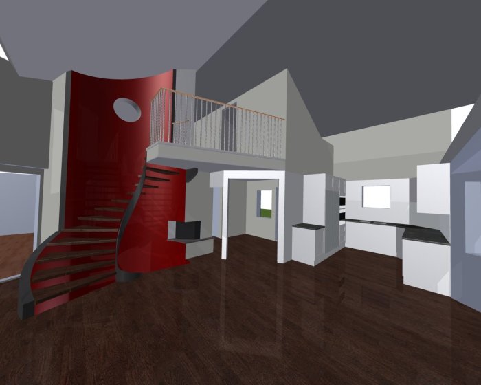 Rendering av ett husinteriör med spiraltrappa och öppet kök, konceptdesign i 3D.