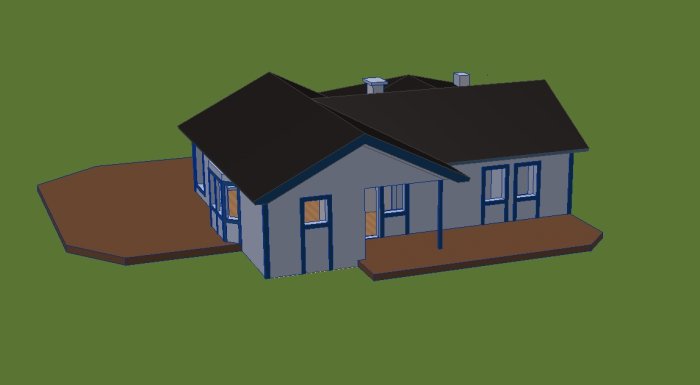 3D-skiss av blått enfamiljshus med svart tak och tillhörande uteplats.