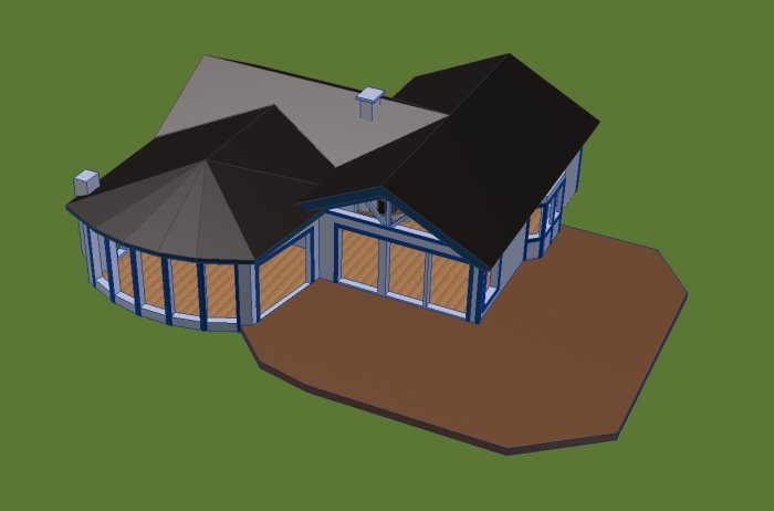 3D-modell av ett ombyggt hus med förändrade taklinjer och utbyggd veranda.
