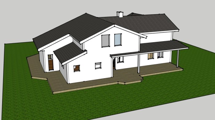 3D-modell av vit villa med tillbyggnad och uteplats, beläget på grön gräsmatta.
