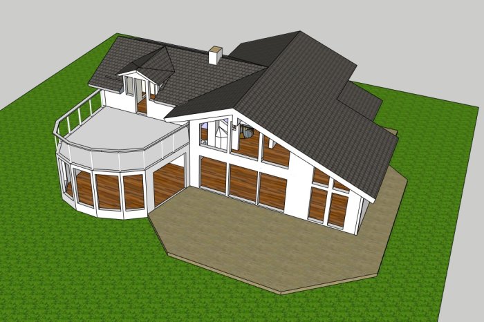 3D-skiss av befintligt hus med tillbyggnader, inklusive tak och fönster.