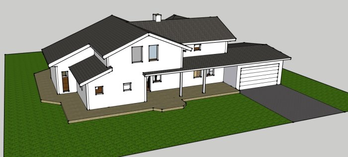 3D-skiss av ett vitt hus med tillbyggt garage, som illustrerar ett planerat om/tillbyggnadsprojekt.