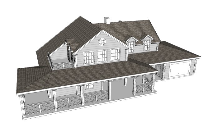 3D-modell av hus med flera takvinklar och takbalkong, ritad i Sketchup.