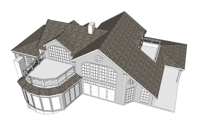 Skiss i 3D av ett flervåningshus med takbalkong och varierade takvinklar.