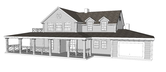 Skiss i Sketchup av ett tvåvåningshus med veranda, takbalkong och integrerat garage.