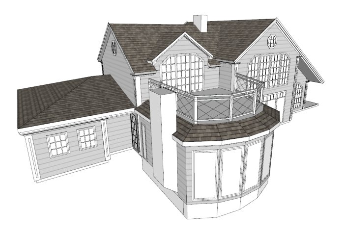 Skiss av en flervåningsvilla med en balkong, ritad i Sketchup, reflekterande ägarens designpreferenser.