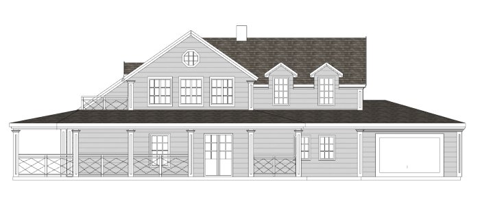 3D-ritning av ett hus med takbalkong, klassisk design och flera fönster.