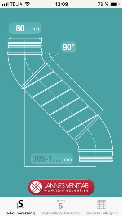 Skärmdump av app för ventilationsberäkning med teknisk ritning och mått.