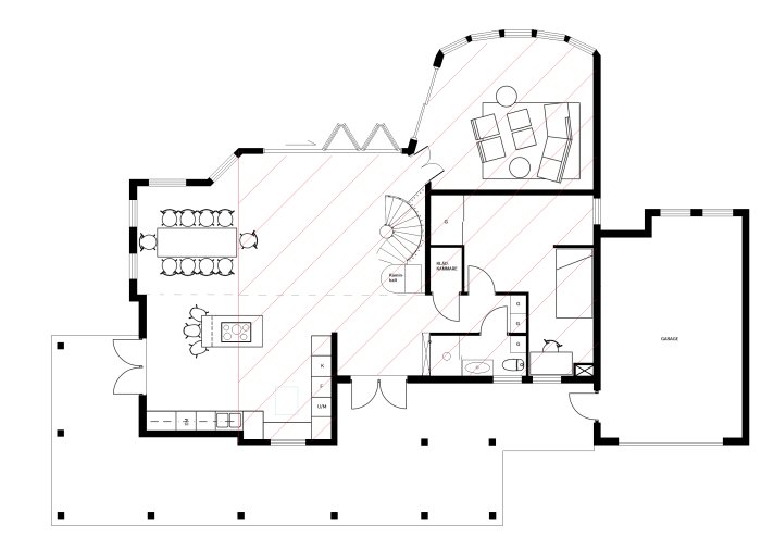 Arkitektonisk planritning av hus med markerade vardagsrum, kök, badrum och garage.