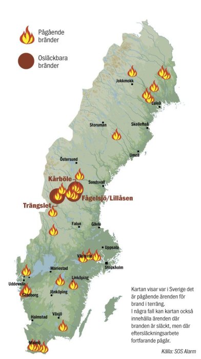 Karta över Sverige som visar pågående och osläckbara bränder i olika delar av landet.