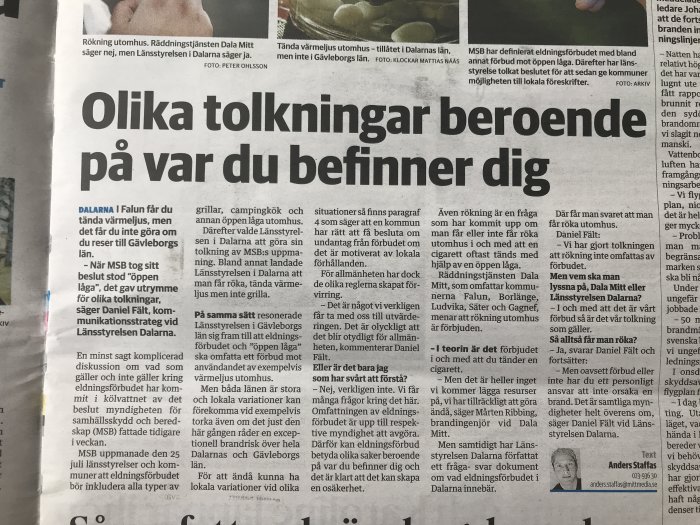 En tidningsartikel med rubriken "Olika tolkningar beroende på var du befinner dig" om lokala eldningsförbud.