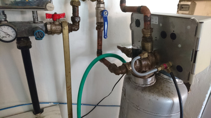 Vattenfiltersystem med rörmokardelar, tryckmätare och slangar i ett pannrum.