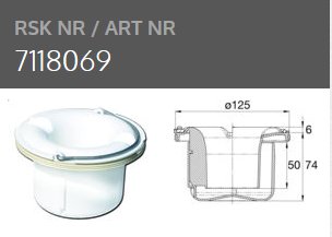 Purusbrunn med blå klämring och teknisk ritning som visar dimensioner.