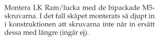 Instruktion om att montera LK Ram/lucka med medföljande M5-skruvar och info om skåpets montering.