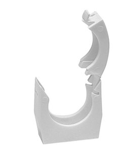 Plastklamma för rör med synligt gångjärn till vänster och fästpinne till höger.