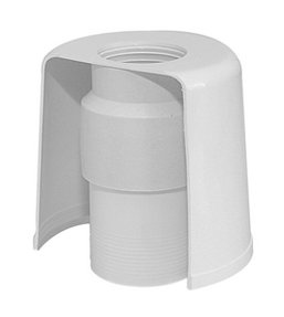 Golvvattenlås i plast med synlig utloppsrör, klamma och gångjärn inför rengöring.