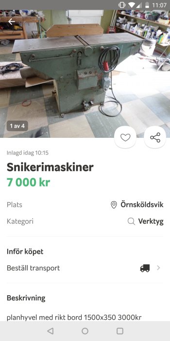 En begagnad planhyvel i ett verkstadsutrymme, eventuell renoveringsobjekt för hantverkare.