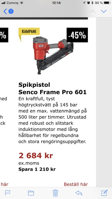 Spikpistol Senco Frame Pro 601 på reklamsida med rabattmärken, produktinformation och pris.