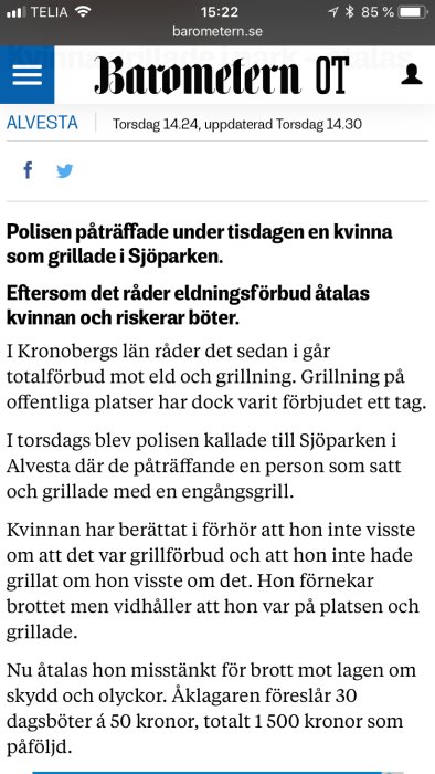 Skärmdump av en nyhetsartikel på barometern.se om en kvinna som grillade trots eldningsförbud.