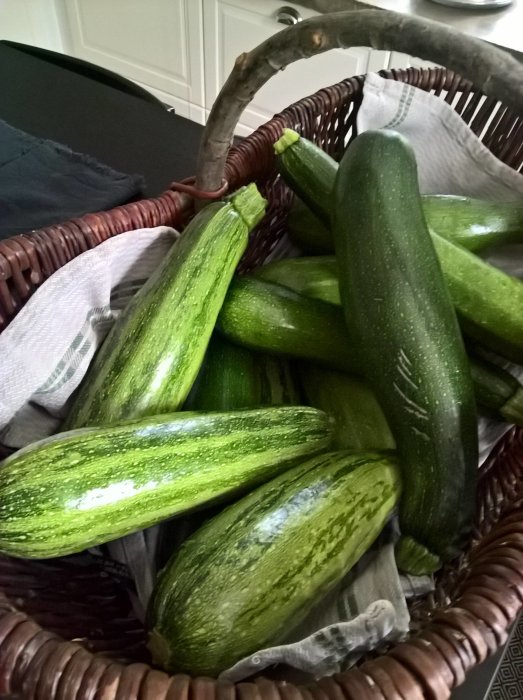 Flera färska gröna zucchinis av olika storlekar i en vävd korg, symboliserar dagens skörd.