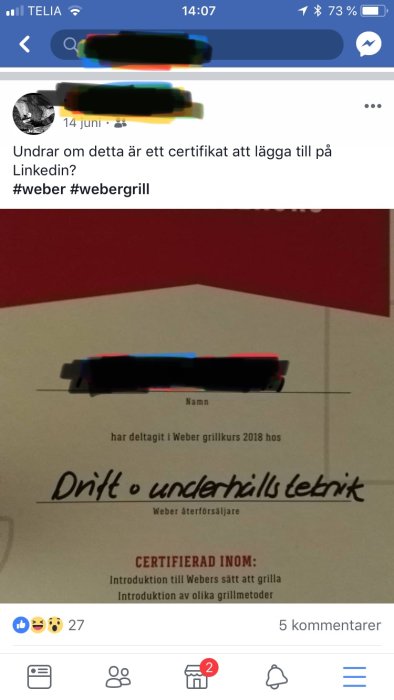 Certifikat för genomförd grillkurs hos Weber med texten "Introduktion till Webers sätt att grilla".