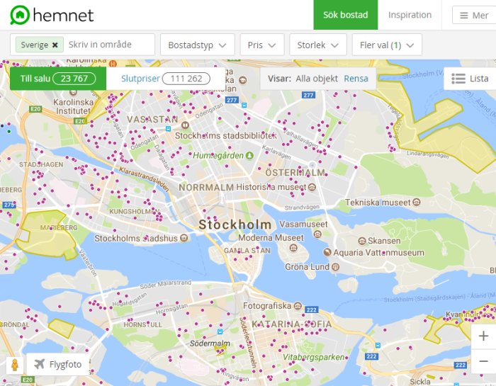 Interaktiv karta över Stockholm med markerade fastigheter till salu och sökfunktioner.