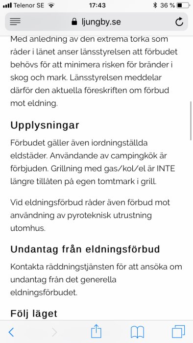 Skärmdump av webbsida med meddelande om förbud mot eldning utomhus på grund av extrem torka, från ljungby.se.