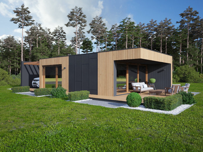 Moderna 35m2 prefabricerade husmodell med trä- och mörk fasad, uteplats, möbler och skogsbakgrund.